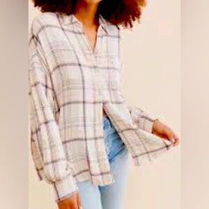 Free People We The Free Oversized Plaid Button Down Shirt Small Blue Cream